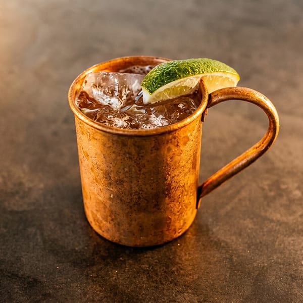 A Moscow Mule cocktail in a copper mug with ice and a lime wedge on a dark surface.