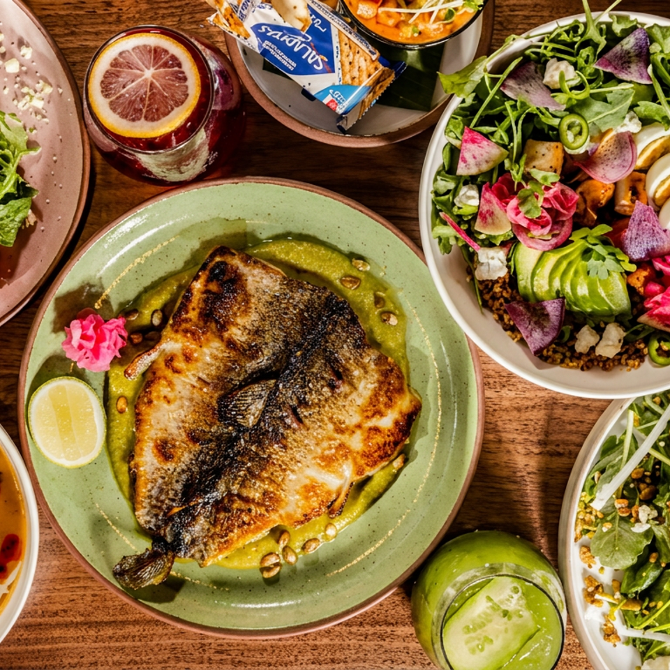Overhead view of a wooden table laden with various colorful dishes, including salads, soup, and fish.