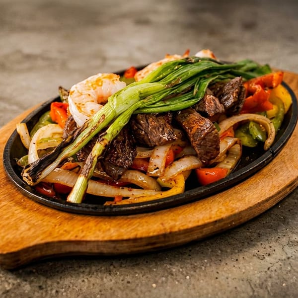 Sizzling fajitas with steak, shrimp, onions, bell peppers, and green onions on a wooden platter.