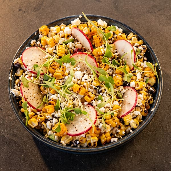 Grilled corn salad with sliced radishes, crumbled white cheese, and microgreens in a dark bowl.