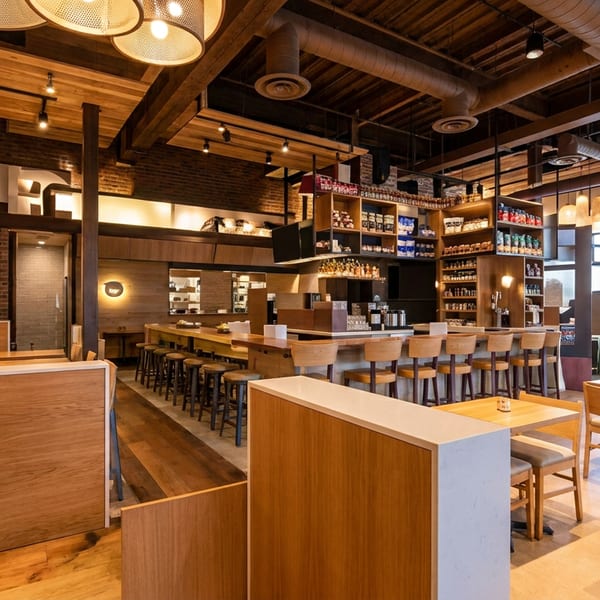 Spacious restaurant interior with wooden tables, chairs, and bar seating under warm lighting.