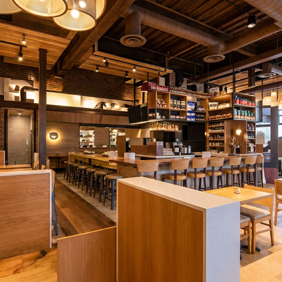 Spacious restaurant interior with wooden tables, chairs, and bar seating under warm lighting.