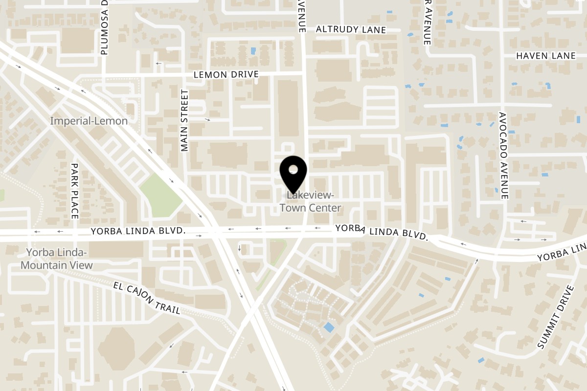 Map showing the location of Blind Coyote Cantina on 4975 Lakeview Ave in Yorba Linda